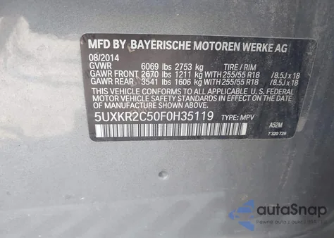 2015 BMW X5 Sdrive35I z USA, uszkodzony, nr VIN 5UXKR2C50F0H35119